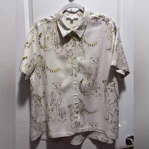 anthropologie Jane & Delancey linen rayon White Brown Tiger Button Down Blouse